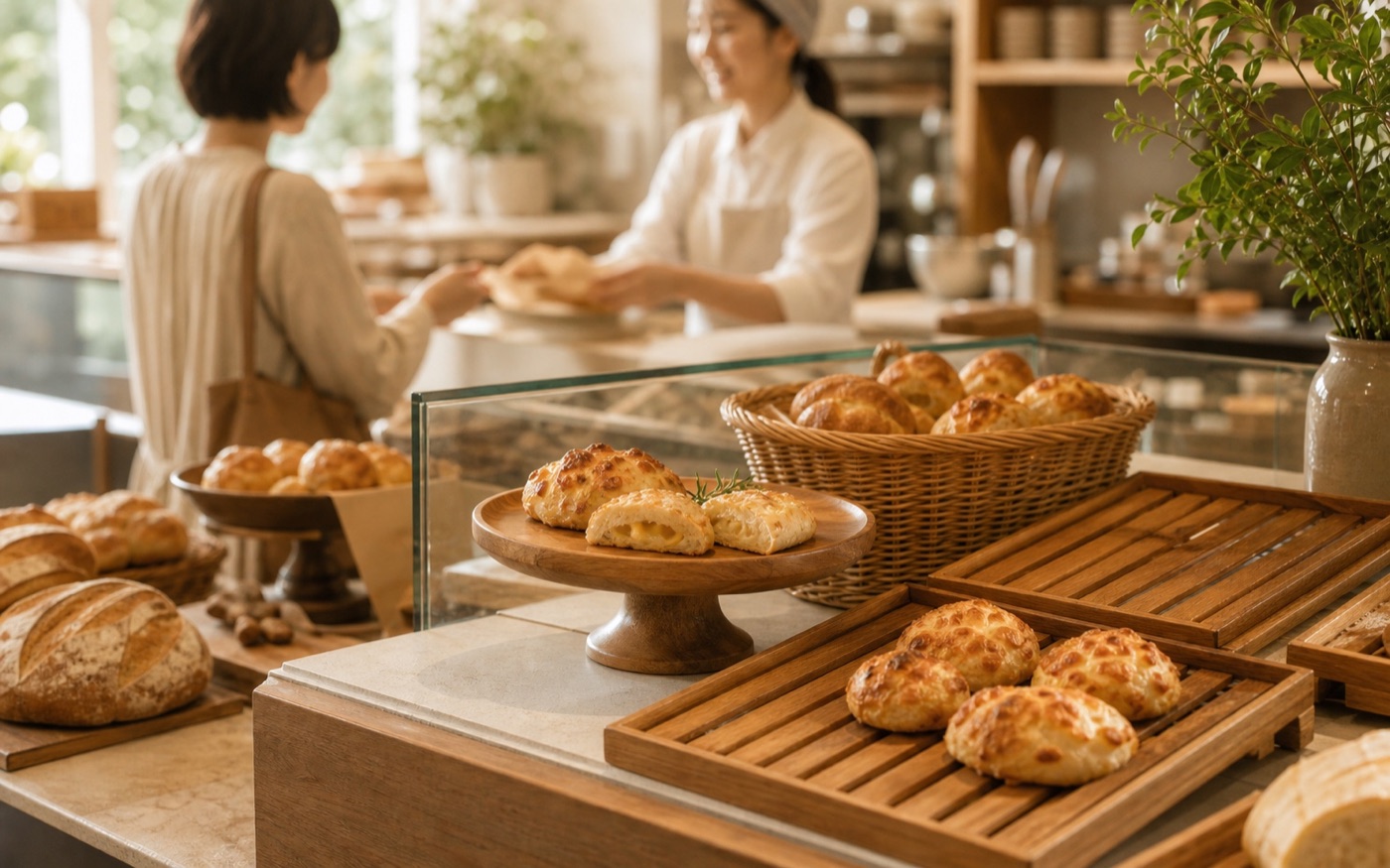 ベーカリーショップで看板商品が並ぶイメージ